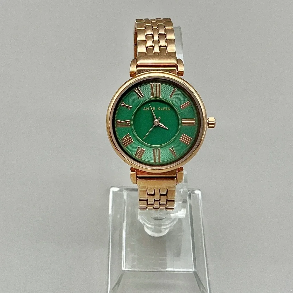 Anne Klein Watch Womens Rose Gold Tone Green Dial Roman Numeral 30mm NEW BATTERY